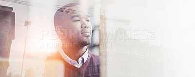 Buy stock photo Double exposure, thinking and business black man in office for ideas, brainstorming and career insight. City overlay, corporate and person with solution to expand company, b2b network and opportunity