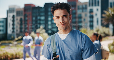 Buy stock photo Nurse portrait, medicine and man outdoor for health training program, healthcare study or hospital residency. Medical school, student and confidence with backpack on campus for education and career