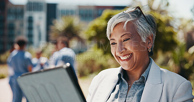 Buy stock photo Mature woman, outdoor and tablet as lecturer for network, learning and education in medical school. Female person, smile and technology for development, healthcare and professor on university campus