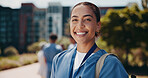 Portrait, doctor or woman in medicine outdoor for health training program, healthcare study or hospital residency. Medical school, student or smile with learning backpack on campus for nursing career