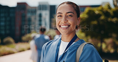 Buy stock photo Portrait, doctor or woman in medicine outdoor for health training program, healthcare study or hospital residency. Medical school, student or smile with learning backpack on campus for nursing career