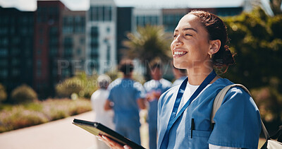 Buy stock photo Happy woman, vision and nurse with tablet for internship, med school or healthcare campaign at campus. Female person, medical student or junior with smile on technology for dream, research or study