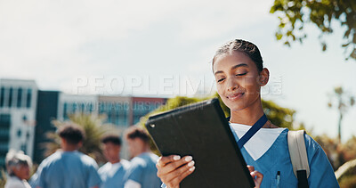 Buy stock photo Outdoor, woman and nurse with tablet, typing and healthcare with connection. People, medical student and professional with technology, online results or report for degree, communication or university
