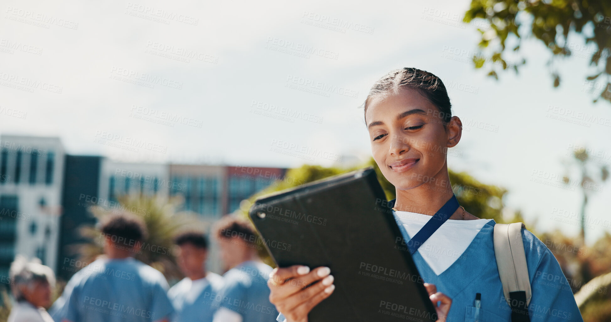 Buy stock photo Outdoor, woman and nurse with tablet, typing and healthcare with connection. People, medical student and professional with technology, online results or report for degree, communication or university