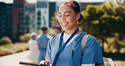Buy stock photo Healthcare woman and nurse with tablet, typing and website info with connection. People, medical and professional with technology, online results and report with communication, student or university
