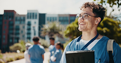 Buy stock photo Happy man, vision and nurse with tablet for internship, med school or healthcare campaign at campus. Male person, medical student or junior with smile on technology for dream, research or study