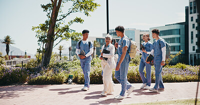 Buy stock photo Medical student, university and professor with people in outdoor for college, healthcare and teacher. Scholarship, internship and doctors with students on hospital campus for assignment and education