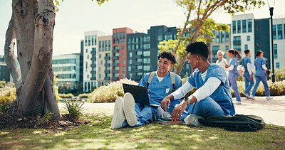 Buy stock photo Medical student, research and online with people in outdoor for college, healthcare and studying. Scholarship, internship and doctors with students on hospital campus for assignment and education