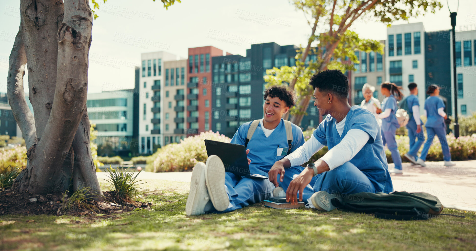 Buy stock photo Medical student, research and online with people in outdoor for college, healthcare and studying. Scholarship, internship and doctors with students on hospital campus for assignment and education