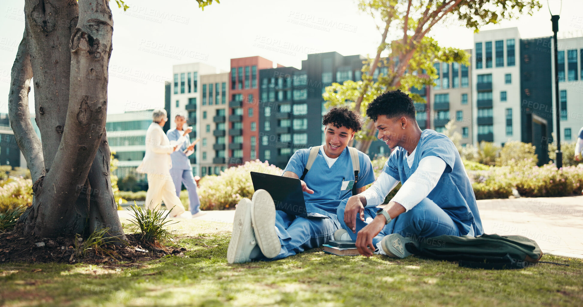 Buy stock photo Medical student, internship and laptop with people in outdoor for college, healthcare and research. Scholarship, studying and doctors with students on hospital campus for assignment and education