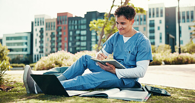 Buy stock photo Medical student, laptop and writing with man in outdoor for college, healthcare and research. Scholarship, internship and doctors with person on hospital campus for assignment, study and education.