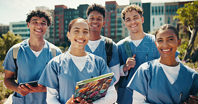 Buy stock photo Group of people, outdoor and portrait as medical student for career, learning or education in clinic. Team, smile and together for development, healthcare or studying in university campus or hospital