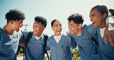 Buy stock photo Group of people, outdoor and success as medical student for bonding, learning or education in clinic. Team, smile and together for development, healthcare or studying in university campus or hospital