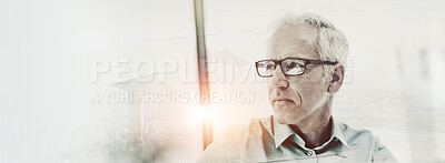 Buy stock photo Double exposure, thinking and business man in office with ideas, brainstorming and career future. City overlay, corporate banner and mature person for company development, b2b network and solution