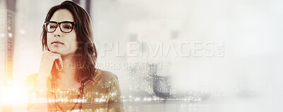 Buy stock photo Double exposure, thinking and business woman with idea, brainstorming and career insights. City overlay, corporate banner and person with solution for company future, b2b development and opportunity