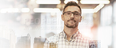 Buy stock photo Portrait, business and man with glasses, overlay and employed with city background. Face, journalist and professional with confidence, banner and career ambition with double exposure and eyewear