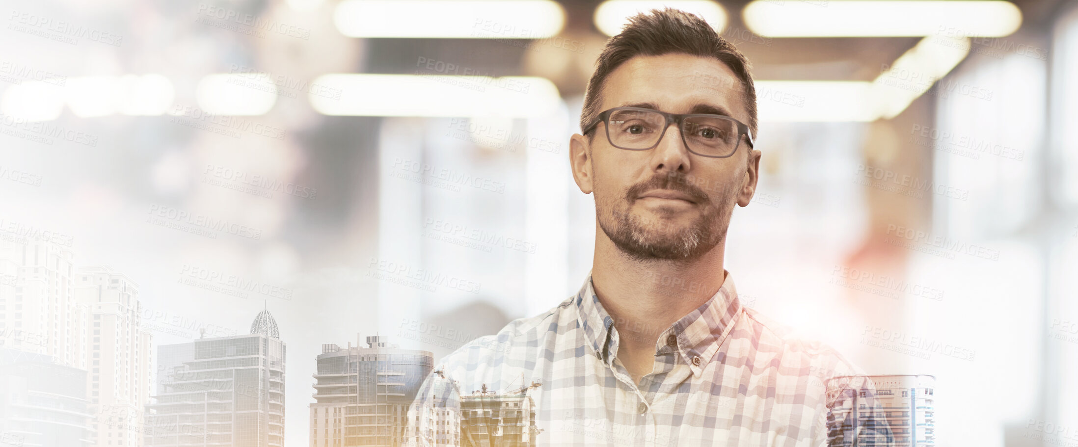 Buy stock photo Portrait, business and man with glasses, overlay and employed with city background. Face, journalist and professional with confidence, banner and career ambition with double exposure and eyewear