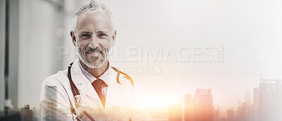 Buy stock photo Healthcare, doctor and city portrait with double exposure for public health assistance, medicine support and pride. Banner, mature professional and happy man on mockup space for medical insurance