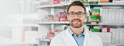 Buy stock photo Smile, portrait and mature man in pharmacy with healthcare, drugs and banner space in medicine store. Health, service and face of professional pharmacist pharmaceutical dispensary for medical advice