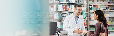 Buy stock photo Pharmacist, woman and smile in pharmacy with box, medication or pill recommendation in banner. Customer, healthcare or mature chemist at counter with expert opinion for pharmaceutical at mockup space