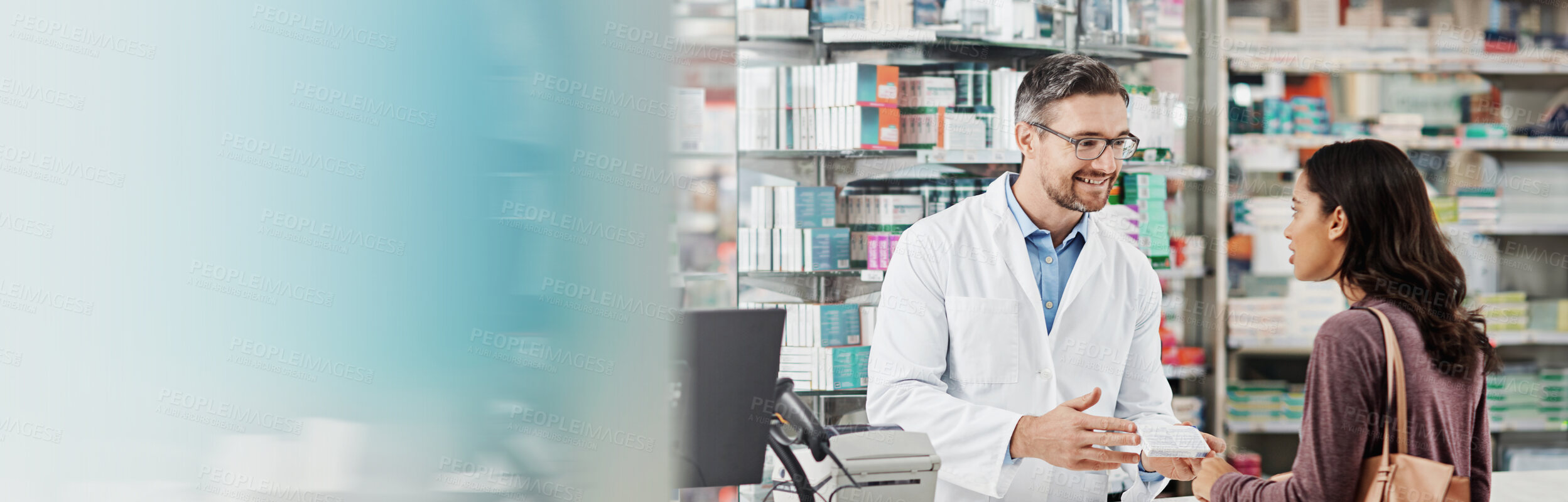 Buy stock photo Pharmacist, woman and smile in pharmacy with box, medication or pill recommendation in banner. Customer, healthcare or mature chemist at counter with expert opinion for pharmaceutical at mockup space