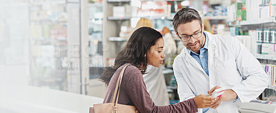 Buy stock photo Pharmacist, medication and consulting with customer on banner for instruction, side effects or symptoms at pharmacy. Doctor, medical worker and talking with patient for pharmaceuticals at dispensary