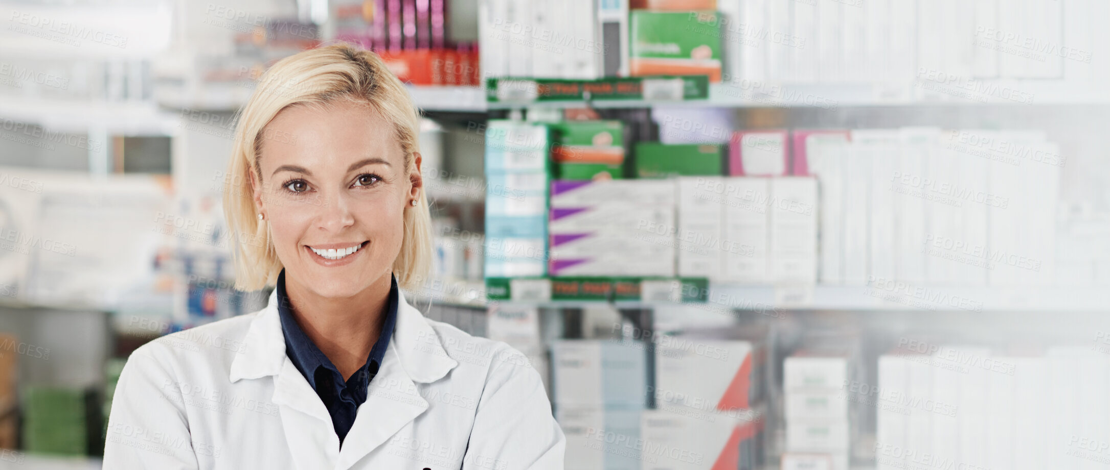 Buy stock photo Healthcare, smile and portrait of woman in pharmacy with confidence, prescription medicine and banner space. Health, service and face of happy pharmacist at dispensary for professional medical advice