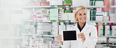 Buy stock photo Pharmacy, tablet screen and portrait with woman in store for mockup space, medicine and healthcare. Advertising, medical and inventory with person for banner, dispensary and pill distribution