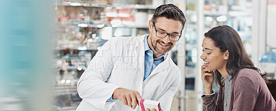 Buy stock photo Pharmacist, customer and help in pharmacy with box, drugs or pill recommendation in banner. Happy woman, healthcare or mature chemist at counter with expert opinion for pharmaceutical at mockup space