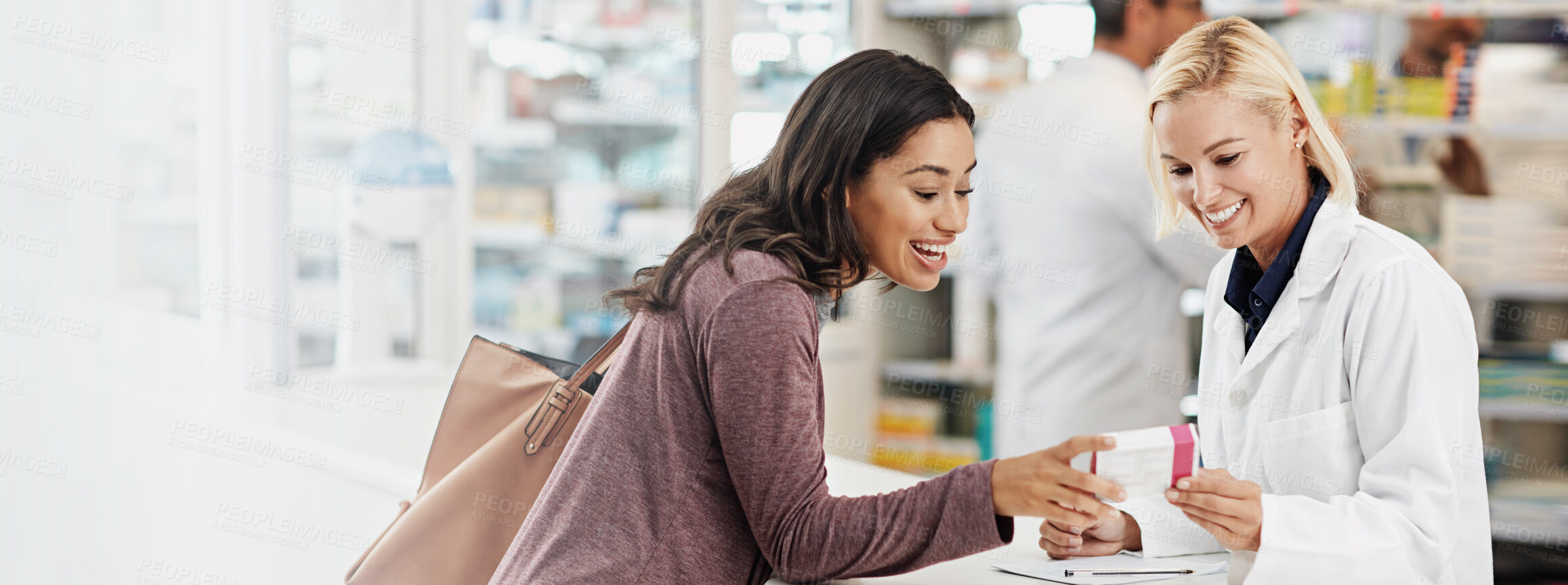 Buy stock photo Woman, pharmacist and help in pharmacy with box, medication and pill recommendation in banner. Happy customer, healthcare and chemist at counter for pharmaceutical, expert opinion and choice at space