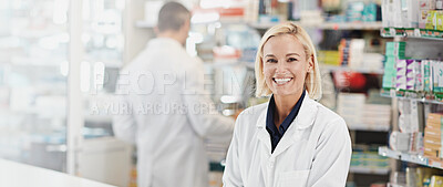 Buy stock photo Healthcare, medicine and portrait of woman in pharmacy with confidence, prescription drugs and banner space. Health, service and face of happy pharmacist at dispensary for professional medical advice