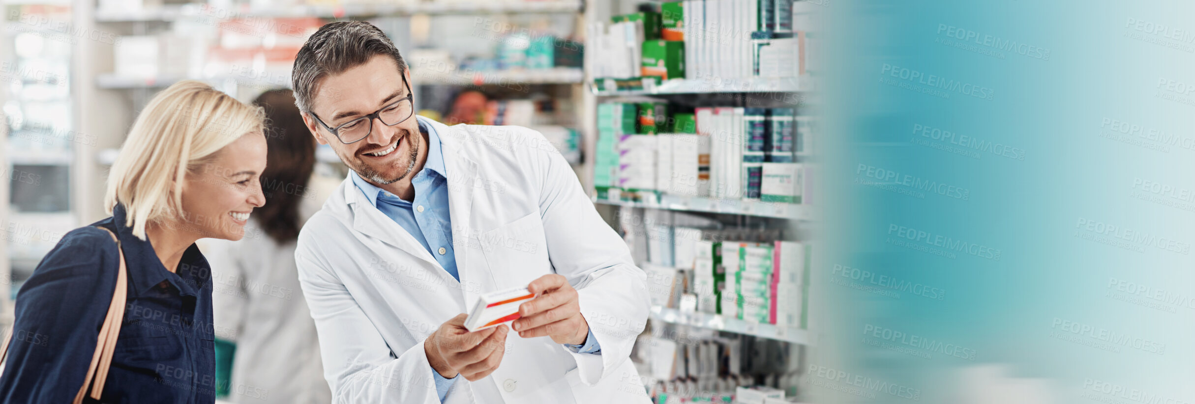 Buy stock photo Pharmacist, customer or advice in pharmacy with box, drugs or pill recommendation in banner. Happy woman, healthcare or mature chemist at shelf with expert opinion for pharmaceutical at mockup space