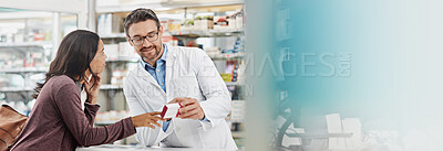 Buy stock photo Pharmacy, reading and woman at counter with medicine for pills, medication and tablet prescription. Healthcare banner space, customer and pharmacist explain supplements, wellness drugs and vitamins