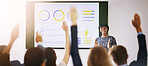 Business, conference and people with hands up for question, feedback and vote in office banner. Presentation, sales team and woman speaker at wall space for info, help or market share stats on screen