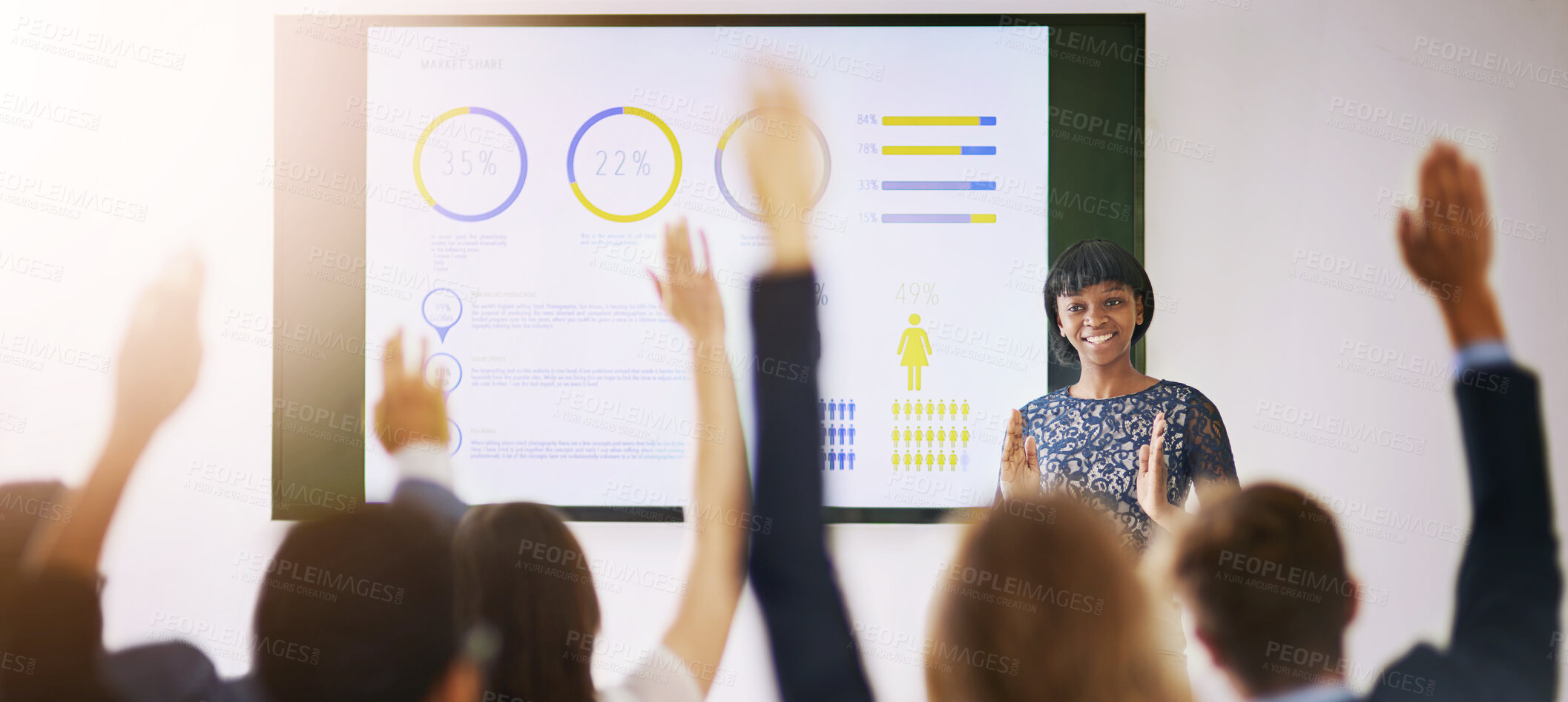 Buy stock photo Business, conference and people with hands up for question, feedback and vote in office banner. Presentation, sales team and woman speaker at wall space for info, help or market share stats on screen