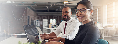 Buy stock photo Business people, portrait and laptop with design for creative development, network or productive team at office. Banner, businessman and woman with smile on computer for career opporunity or startup