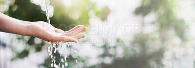 Buy stock photo Hands, water and splash in woods, outdoor and eco friendly with washing, dirt or bacteria in countryside. Person, cleaning and sustainable with hygiene at sunset by trees, forest or banner in summer