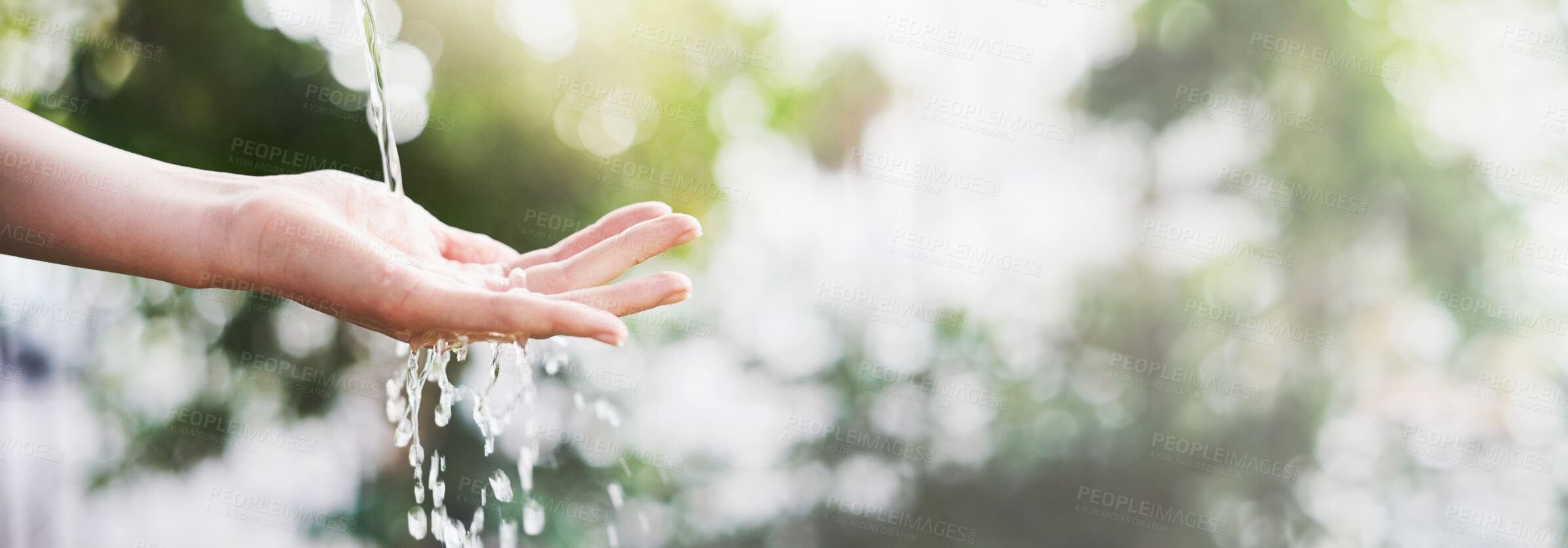 Buy stock photo Hands, water and splash in woods, outdoor and eco friendly with washing, dirt or bacteria in countryside. Person, cleaning and sustainable with hygiene at sunset by trees, forest or banner in summer