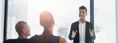 Buy stock photo Woman, happy and presentation with group in boardroom, advice and review for b2b sales strategy. Speaker, person and staff with brand communication, smile and discussion with team in modern office