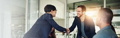 Buy stock photo Business, people and handshake in office with partnership in investment project, funding proposal success and deal. Financial investor, collaboration and shaking hands for congratulations with banner