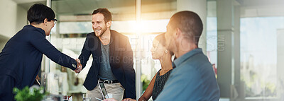 Buy stock photo Business, employees or shaking hands in office with partnership in investment project and funding proposal success. Financial investor, people and handshake for b2b negotiation agreement with banner