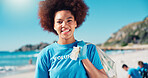 Volunteer, bag and portrait of black woman on beach for cleaning dirt, plastic and litter for ocean pollution. Community service, charity and girl for environmental care, recycling and climate change