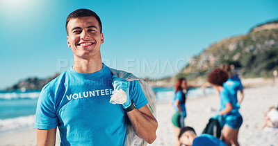 Buy stock photo Volunteer, bag and portrait of man on beach for cleaning dirt, plastic and litter for ocean pollution. Community service, charity and person for environmental care, recycling and climate change