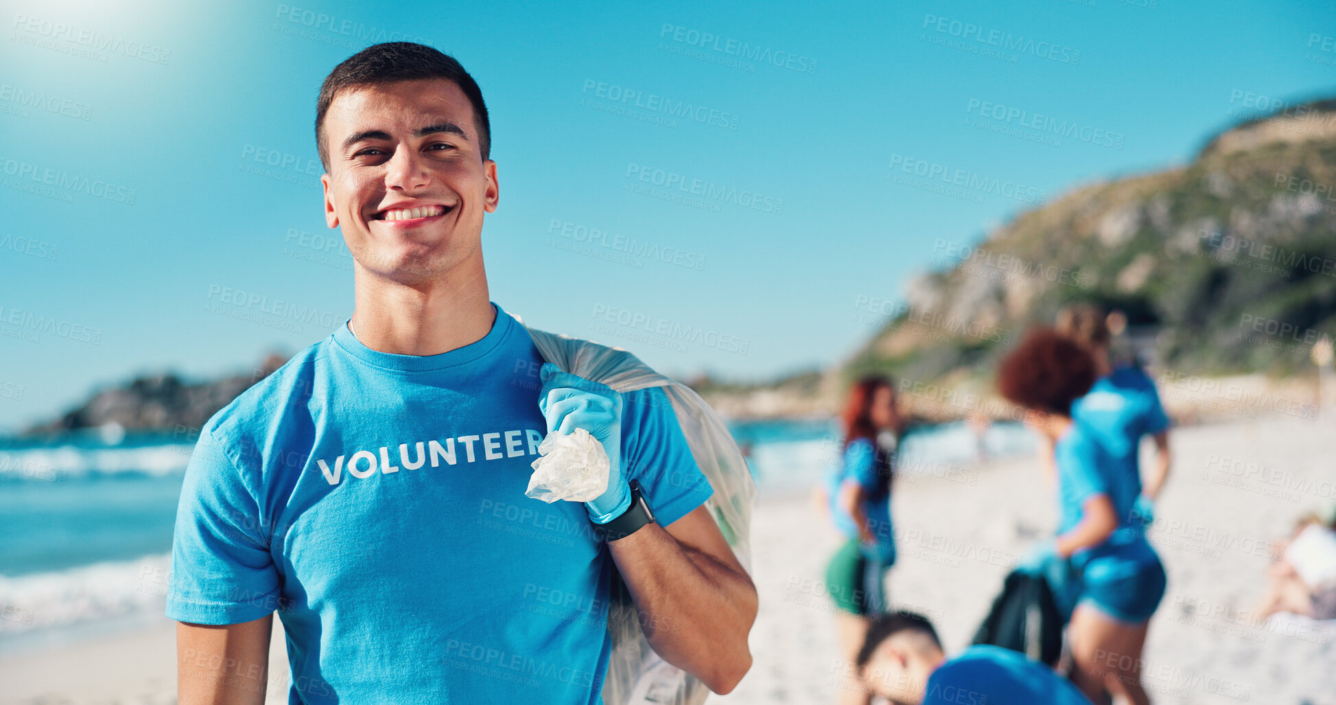 Buy stock photo Volunteer, bag and portrait of man on beach for cleaning dirt, plastic and litter for ocean pollution. Community service, charity and person for environmental care, recycling and climate change