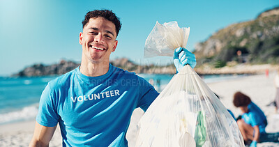 Buy stock photo Volunteer, trash bag and portrait of man on beach for cleaning dirt, plastic and litter for ocean pollution. Community service, charity and person for environmental care, recycling and climate change