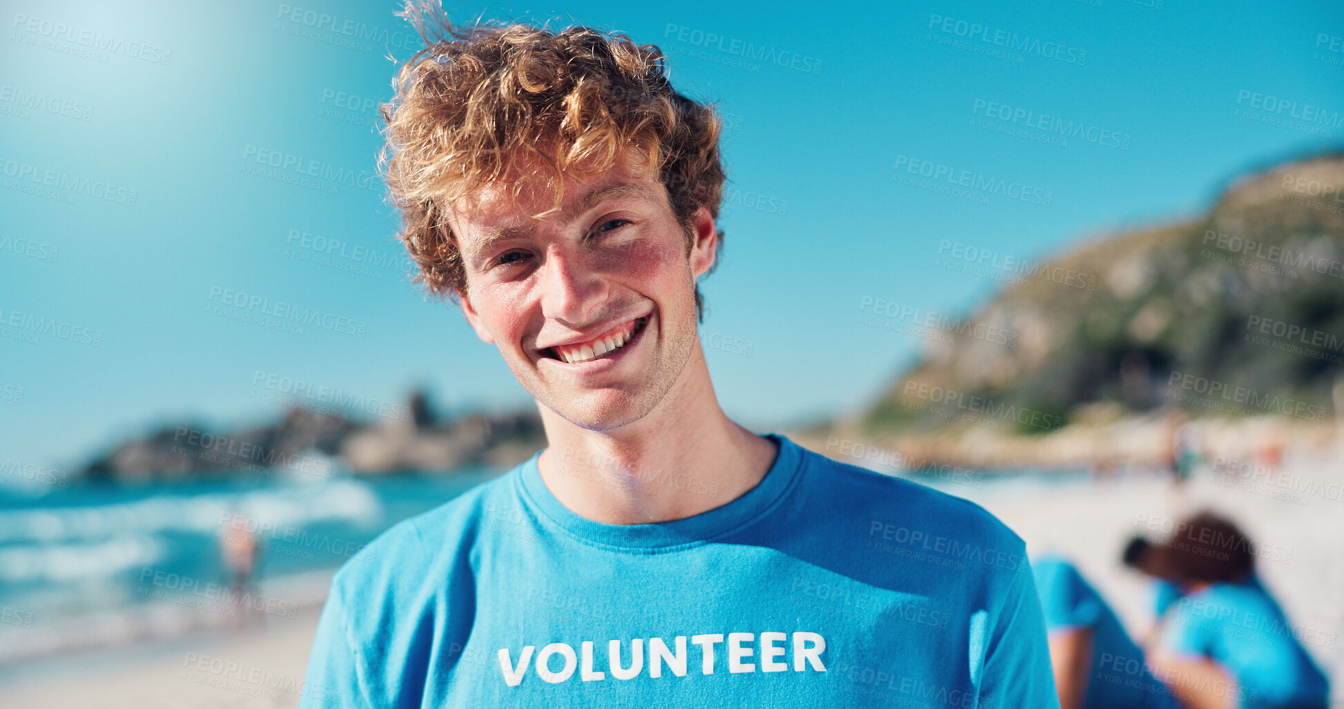 Buy stock photo Volunteer, earth day and portrait of man on beach for cleaning dirt, plastic and litter for ocean pollution. Community service, charity and person for environmental care, recycling and climate change