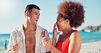 Couple, ice cream and laugh on vacation at beach in summer, bonding and interracial love with funny chat. People, man and woman with desert, memory or comic conversation on holiday with walk by ocean