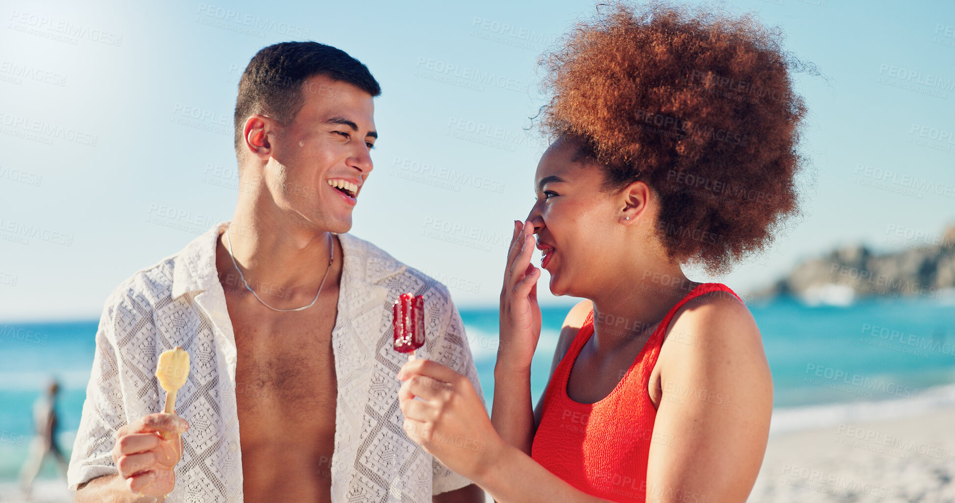 Buy stock photo Couple, ice cream and laugh on vacation at beach in summer, bonding and interracial love with funny chat. People, man and woman with desert, memory or comic conversation on holiday with walk by ocean