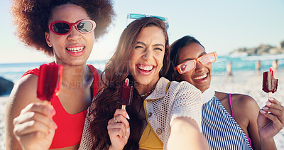 Buy stock photo Friends, selfie and girl with ice cream at beach, summer or excited with diversity for post on web. Woman, happy and desert for photography, memory or profile picture in portrait on vacation by ocean