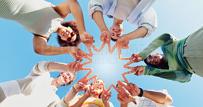 Buy stock photo Star, low angle and hands with friends and outdoors for support, community and motivation. Solidarity, teamwork and diversity with group of people in nature for collaboration, happiness and connection